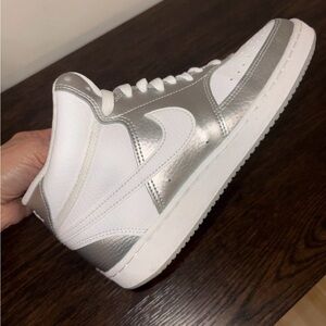 Nike Kids White and Silver High-Top Sneakers — Metallic Swoosh